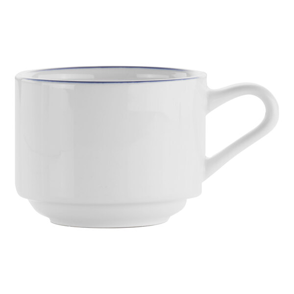 A white porcelain coffee cup with a blue rim and handle.