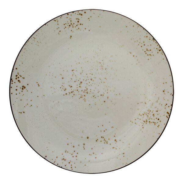 A white International Tableware stoneware coupe plate with brown specks.