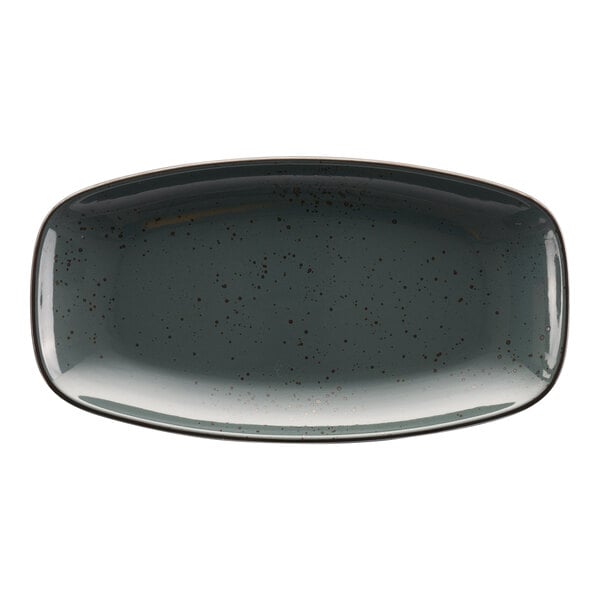 A grey rectangular stoneware platter with dark speckles.