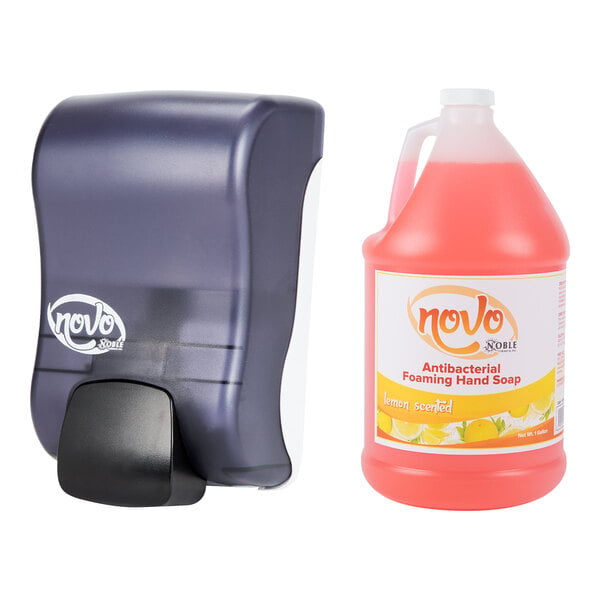 A Noble Chemical Novo manual foaming soap dispenser next to a jug of soap.