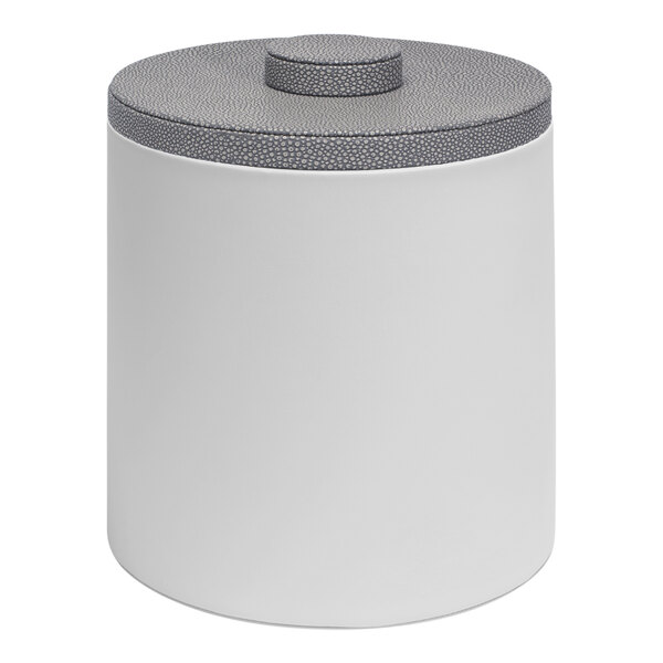 A white Room360 ice bucket with a grey faux shagreen lid.
