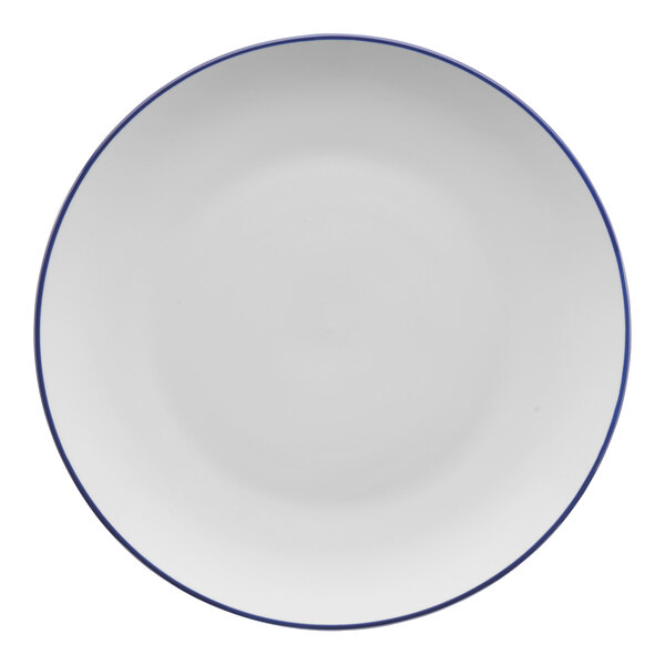 A white porcelain coupe plate with a blue band around the rim.