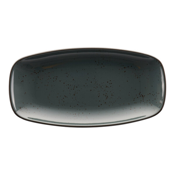 A grey rectangular platter with black speckles.
