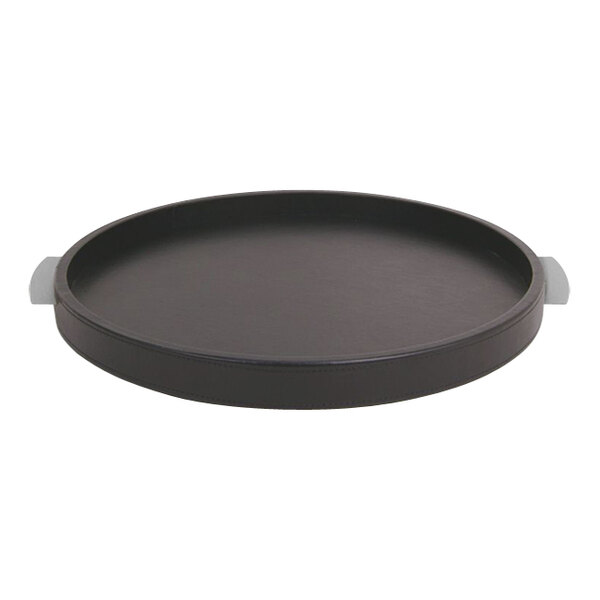 A brown round tray with two handles.