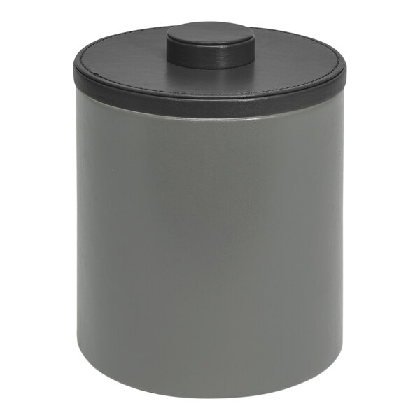 A gray Room360 London ice bucket with a black lid.
