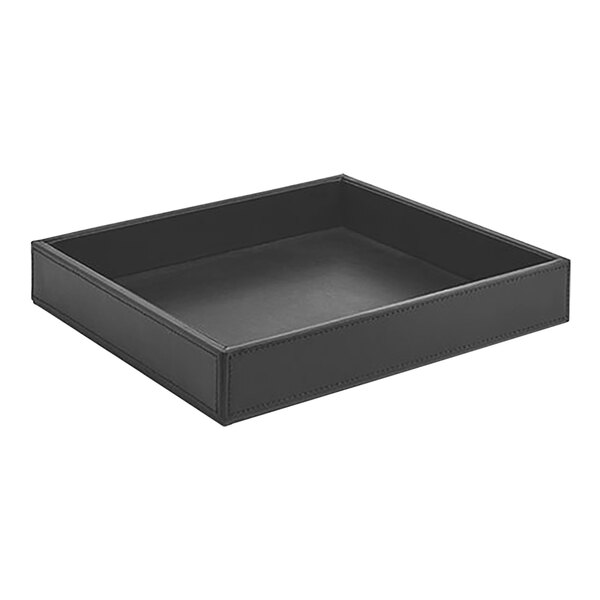 A Room360 London black faux leather square tray with a stitched edge and handles.