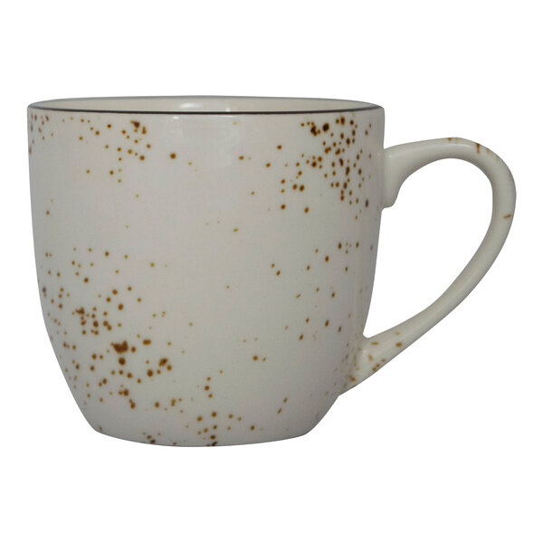 A white stoneware cappuccino cup with brown specks.