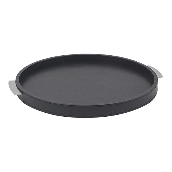 A Room360 black round tray with two handles.