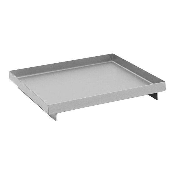 A silver brushed stainless steel Room360 amenity tray.