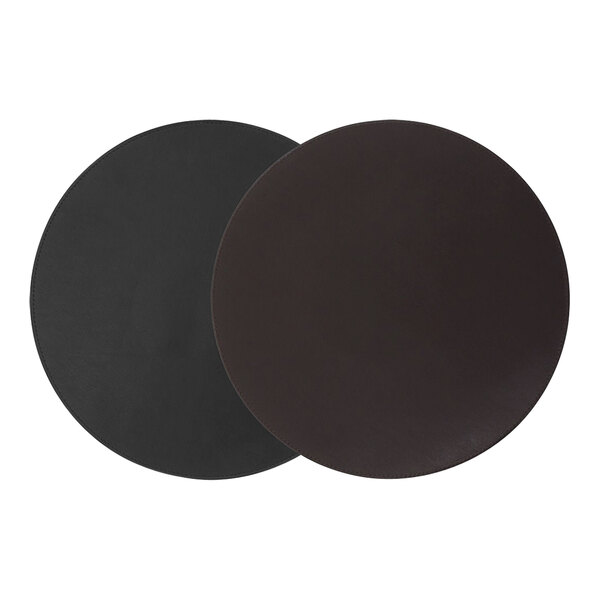 A black Room360 round mat with a brown Room360 round mat inside.