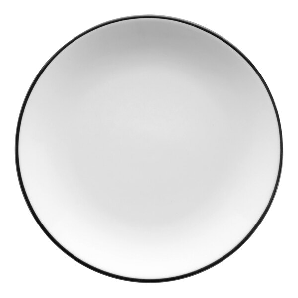 An International Tableware white porcelain bread and butter plate with a black rim.