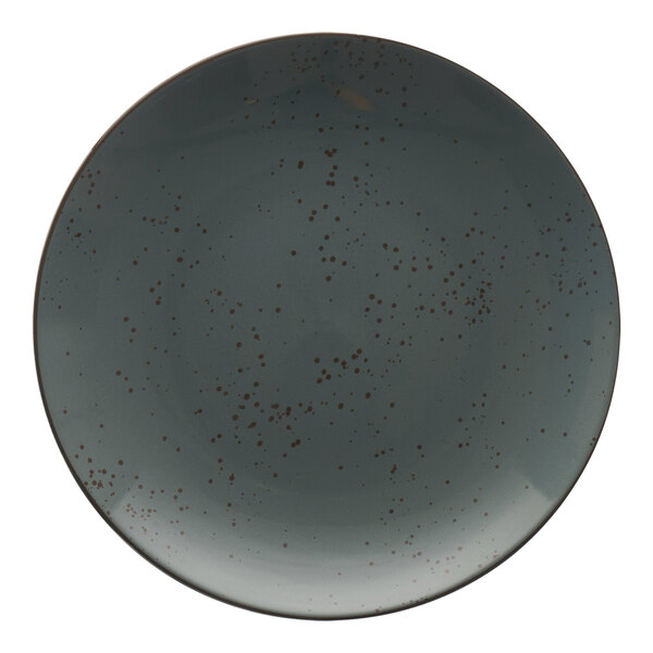 A grey stoneware coupe plate with brown specks.