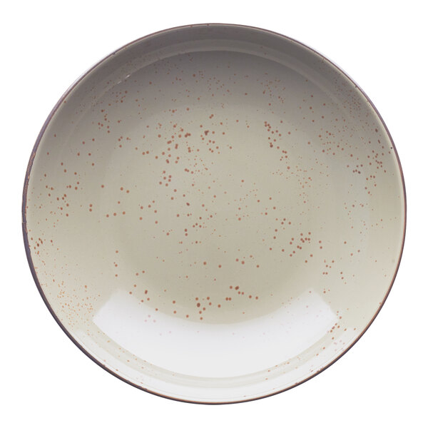 A white stoneware bowl with red speckled specks.