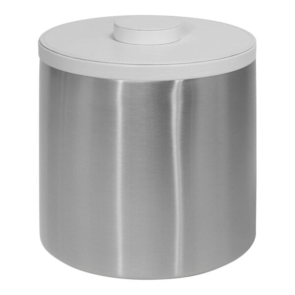 A silver stainless steel Room360 London ice bucket with a white lid.