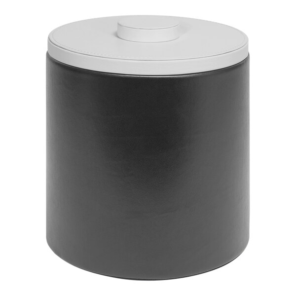 A Room360 black faux leather ice bucket with white lid.