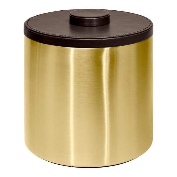 A matte brass stainless steel ice bucket with a brown lid.