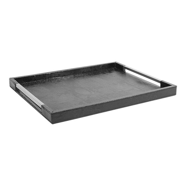 A black rectangular Room360 tray with metal handles.