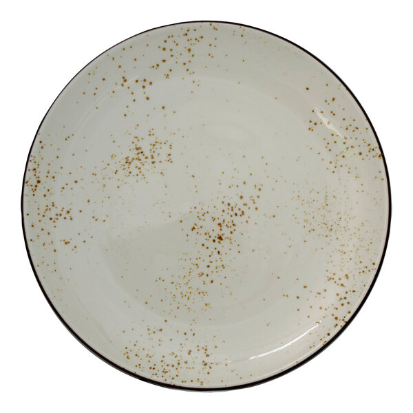 An International Tableware white stoneware coupe plate with brown speckled spots.