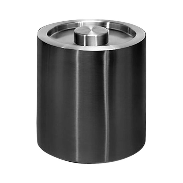 A matte black stainless steel cylindrical ice bucket with a silver lid.