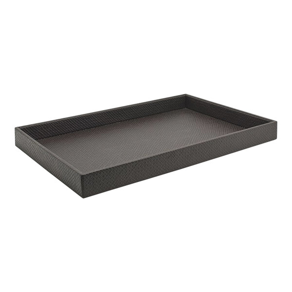A Room360 rectangular brown faux pandan tray with a black finish.