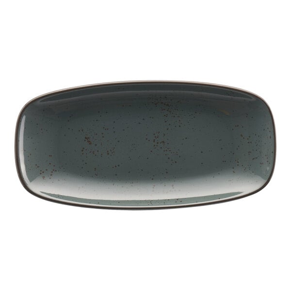 A rectangular grey stoneware platter with a speckled surface.