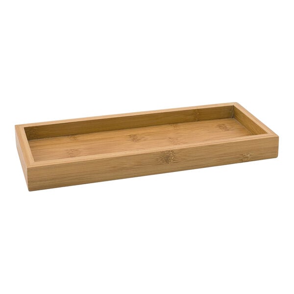 A Room360 natural bamboo rectangular tray with a handle.