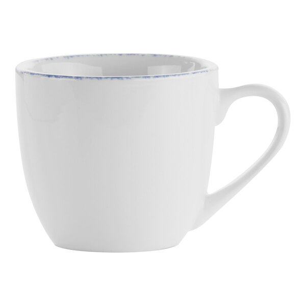 A white porcelain cappuccino cup with a blue rim and handle.