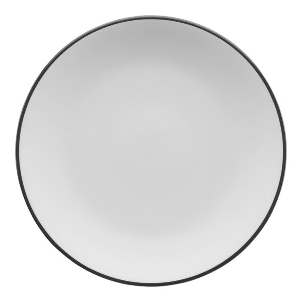 An International Tableware Torino Bistro porcelain coupe plate with a white center and black rim.