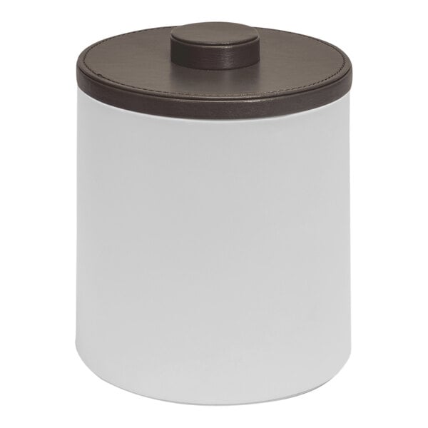 A white Room360 ice bucket with a brown lid.
