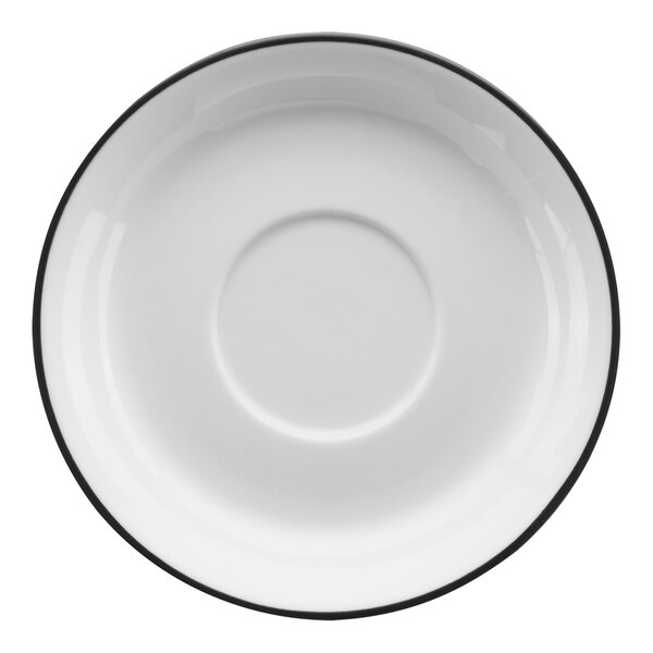 A white porcelain saucer with a black rim.