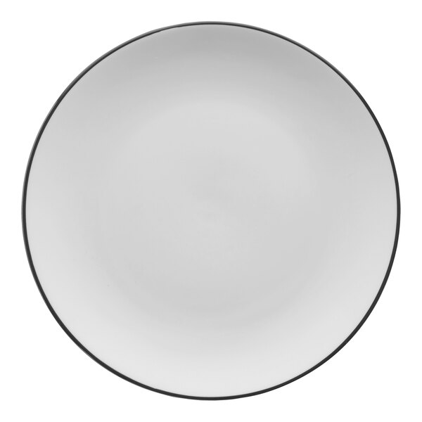 A white porcelain coupe plate with black rim.