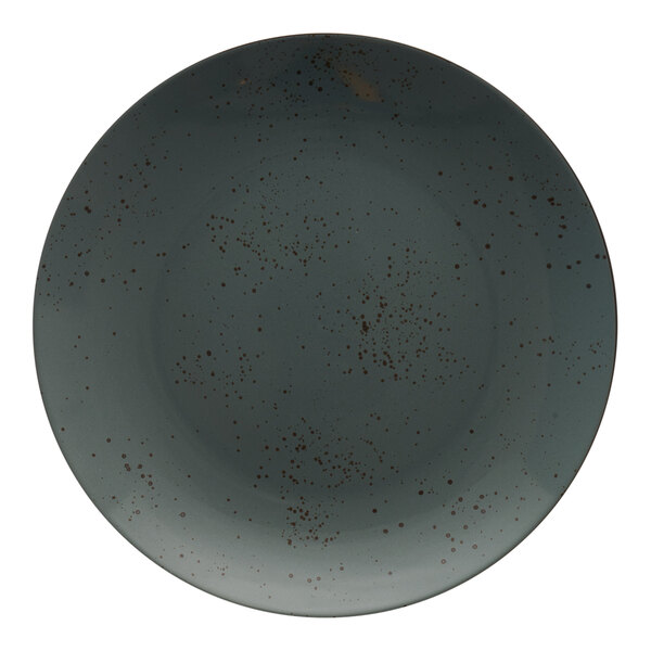 A grey plate with brown specks.