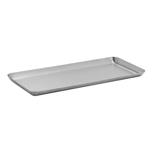 A Room360 brushed stainless steel rectangular amenity tray with a silver finish.