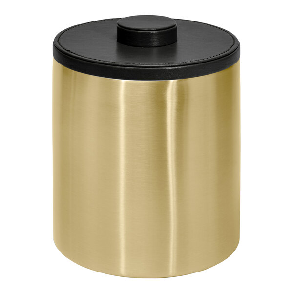 A gold and black container with a black lid.