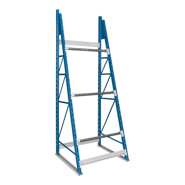 A blue and silver Hallowell steel reel rack with three levels.