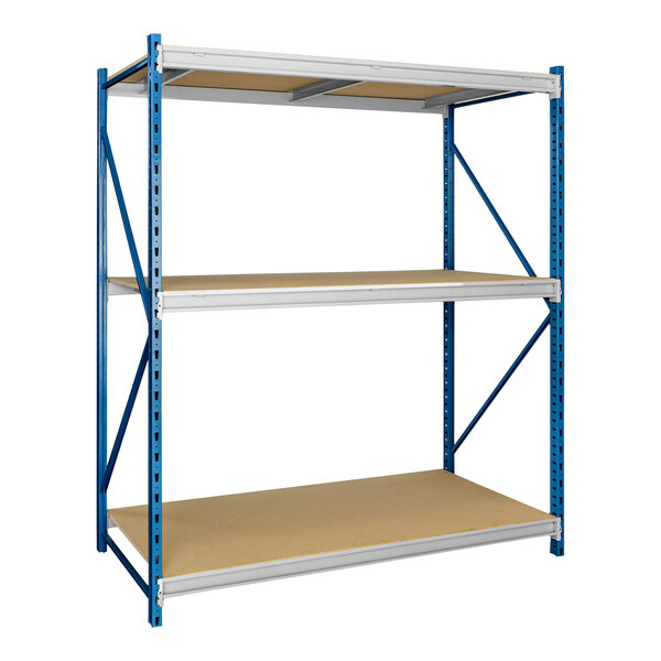 A blue metal Hallowell bulk rack shelving unit with three shelves.