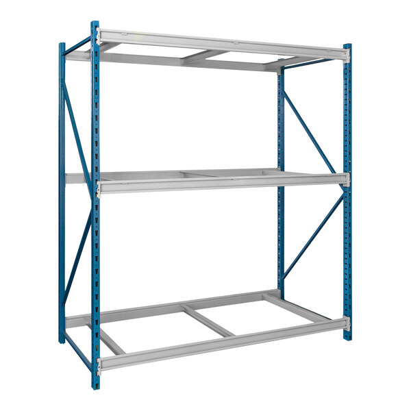 A marine blue and light gray Hallowell steel shelving unit with three shelves.