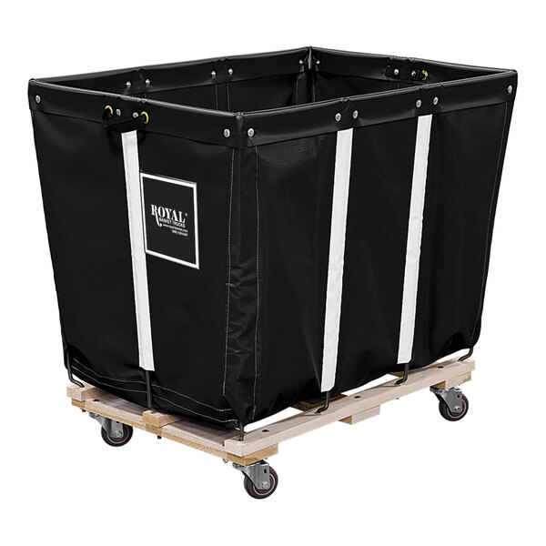 A large black vinyl basket on a wooden cart with swivel casters.