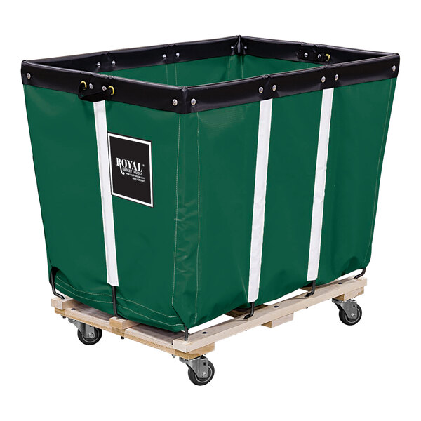 A green vinyl basket on a wooden cart with swivel casters.