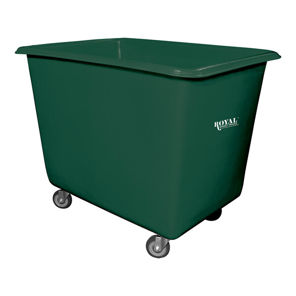A green plastic Royal Basket Trucks industrial bin with wheels.