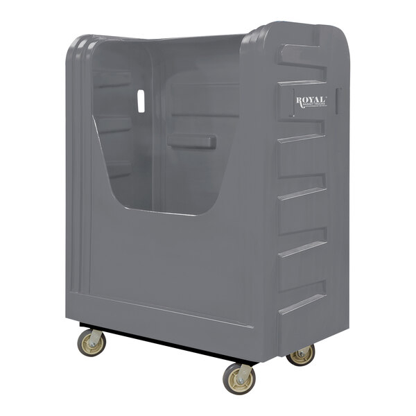 A grey plastic container with wheels.