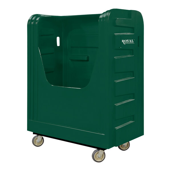 A green plastic container with wheels.