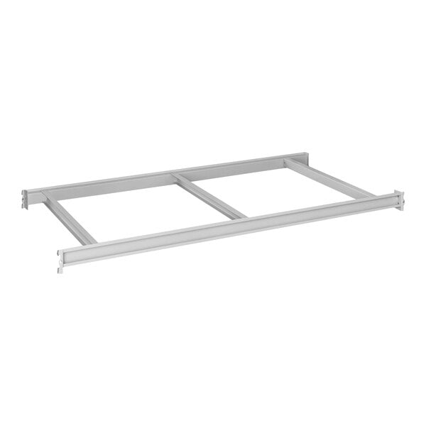 A light gray metal shelf level for a Hallowell bulk rack with a metal frame.