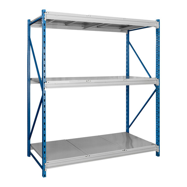 A marine blue steel Hallowell bulk rack shelving unit with three levels.