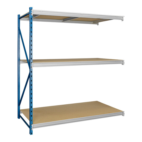 A blue and light gray metal shelving add-on for Hallowell 3-level bulk rack.