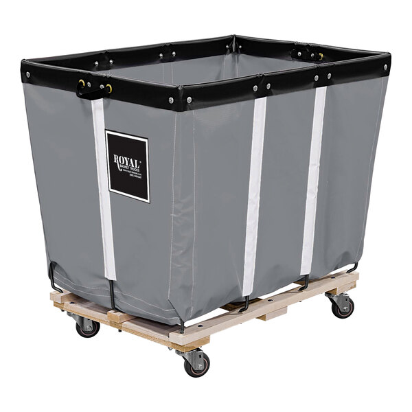 A large grey container on a wooden cart with swivel casters.