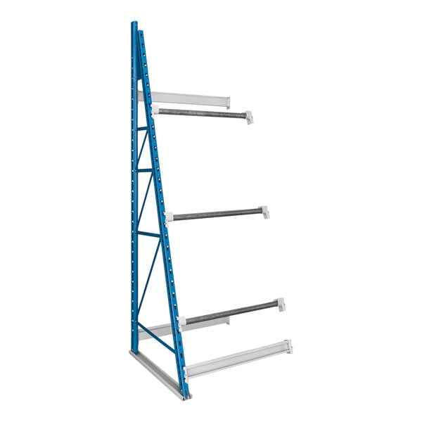 A blue and white metal rack with three shelves.