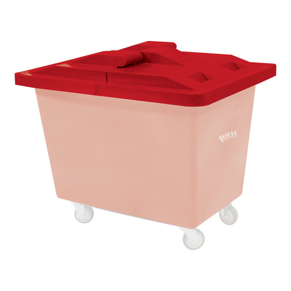 A red plastic hinged lid for a Royal Basket Trucks poly cart.