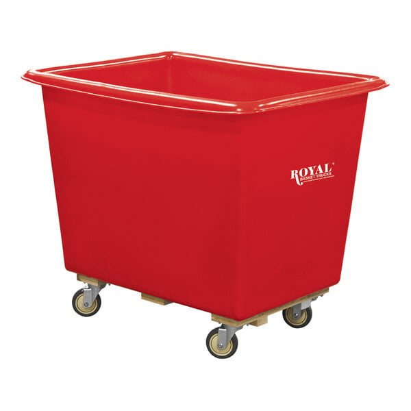 A red plastic Royal Basket Truck with wood base and swivel casters.