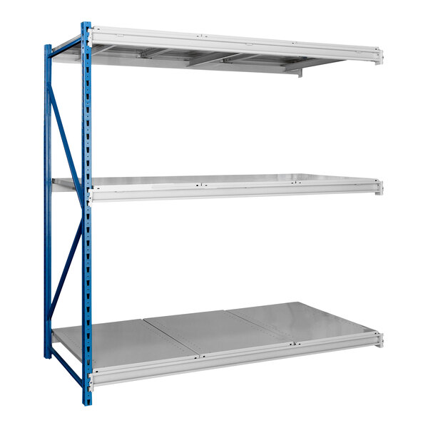 A blue and light gray Hallowell metal shelving unit with three steel shelves.